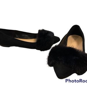 Black ballet flats with mink trim